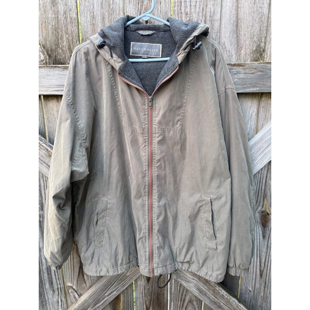 Naturalife Mens L Fleece Lined Hooded Jacket Olive Taupe Full Zip Windbreaker